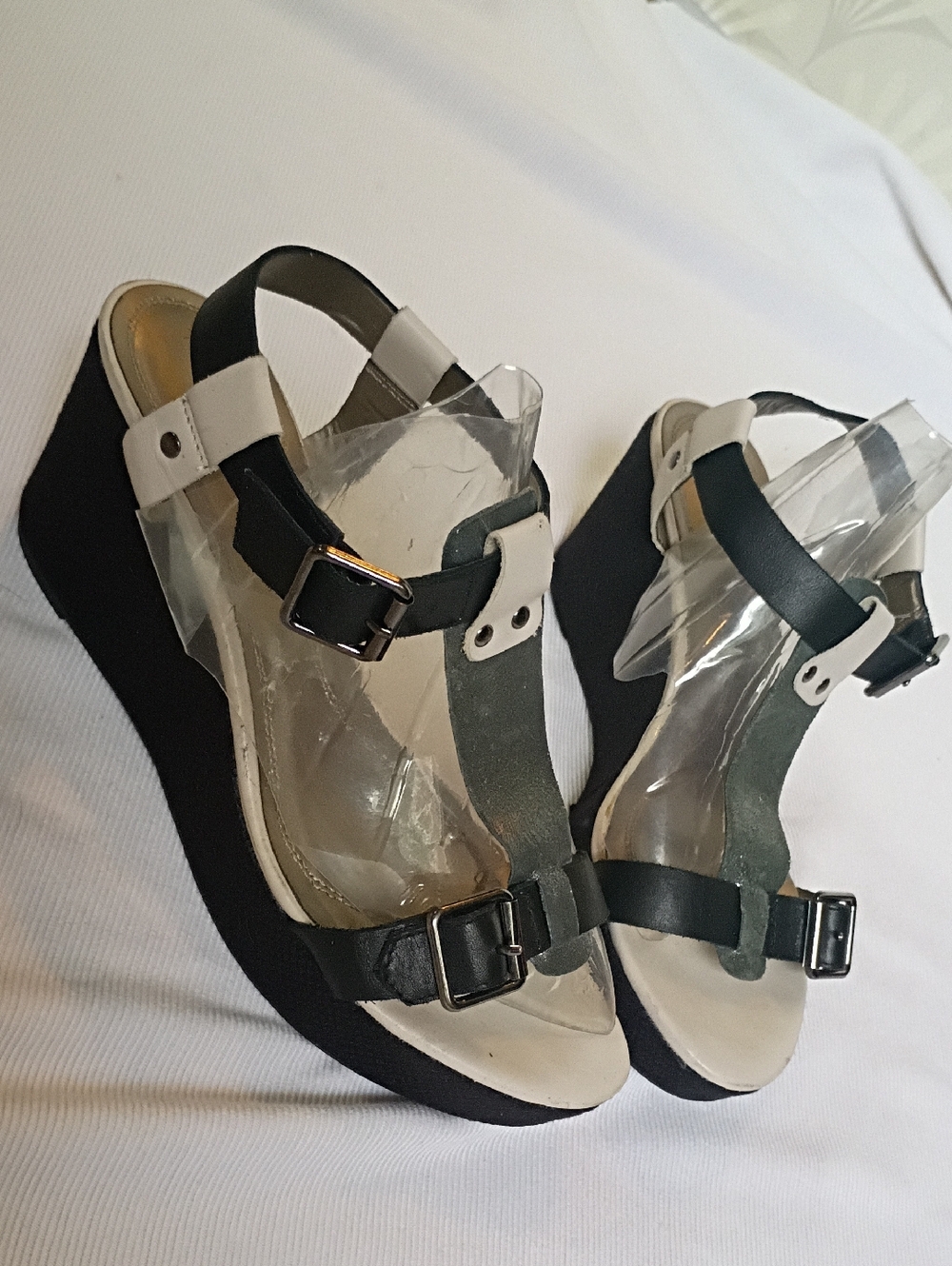 Tahari Metallic T-strap Buckle Wedge